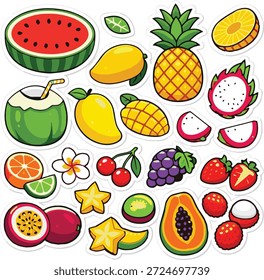 Tropisches Sommerfrucht-Vektor-Set. Frische Wassermelone, Ananas und Kokosnuss einzeln auf Weiß	