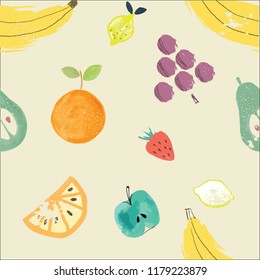 Tropical summer fruits isolated background vector, illustration pattern. Bana, orange, apple, strawberry, lemon, lime, grape, pear watercolor, hand drawn, sketch. With old look texture.