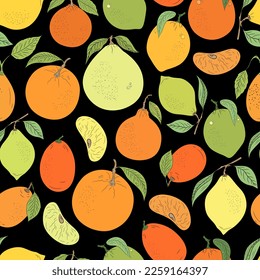 
Tropical summer fruits  pattern. Vector fabric design with oranges, lemons pieces, tangerine, mandarin. Citrus slices, leaves and tropical fruits on a branch. Summer Exotic tropical fruits background