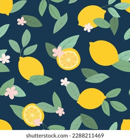 Tropical summer fruits seamless pattern. Citrus tree in hand drawn style. Vector fabric design with lemons and flowers.