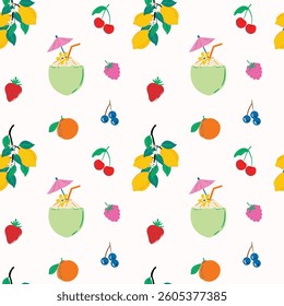 Tropical summer fruits seamless pattern, beach vacation, cherry, lemon, orange, coconut, strawberry vector hand drawn repeat print background. Perfect for fashion, fabric, wallpaper.