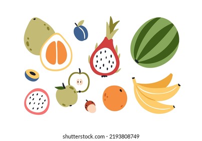 Tropical summer fruits set. Exotic healthy vitamin food. Ripe sweet nutrition. Cut apple, plum, pomelo, whole watermelon, banana, orange. Flat vector illustrations isolated on white background