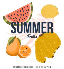 Tropical summer fruits set. Palm branch with watermelon, bananas, kumquat and lemon fruits. Flat vector illustration. Can be use on poster, banner or another design.