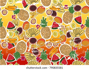 Tropical summer fruits vector pattern on gradient background. Retro stylish texture of summer fruits. Summer background. Retro design. Vector illustration