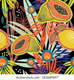 Tropical summer garden at night vector pattern.