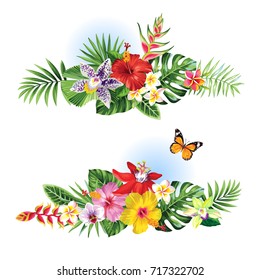 Tropical summer garlands with palm leaves, exotic flowers and butterflies. Vector illustration.