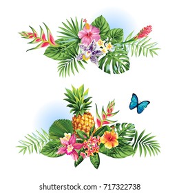 Tropical summer garlands with palm leaves, exotic flowers and butterflies. Vector illustration.