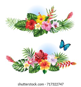 Tropical summer garlands with palm leaves, exotic flowers and butterflies. Vector illustration.