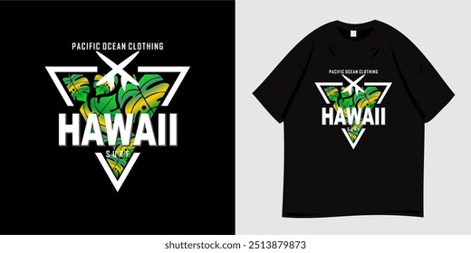 Tropical summer graphic t-shirt design. Nature symbols, beach, ocean, tropical leaves. Print for clothes, wear, tees, apparel and fashion. Vector illustration.