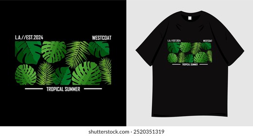 Tropical summer graphic t-shirt design. Nature symbols, beach, ocean, tropical leaves. Print for clothes, wear, tees, apparel and fashion. Vector illustration.