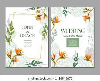 Tropical summer green flower plant save the date wedding invitation card collection vector set.