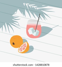 Tropical summer greeting card, invitation. Cocktail drink with ice, grapefruit, orange fruit. White table backgound in sunny day, palm leaf shadow. Vacation, party concept. Vector illustration