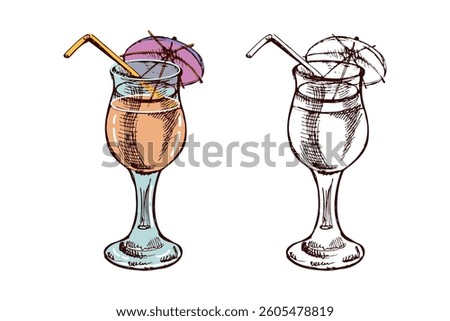Tropical summer hand drawn colored and monochrome cocktail with umbrella and straw in vintage sketch style