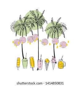 Tropical summer. Hand drawn palm trees, paper lanterns and ice cream. Vector sketch  illustration.