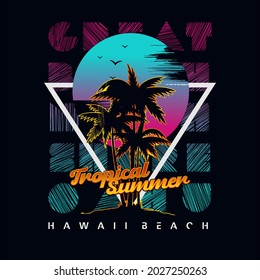 tropical summer. hawaii beach. Palm trees.T-shirt print and other uses. Apparel Print - Vector
