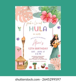 Verão tropical havaiano hula sobre convite de aniversário