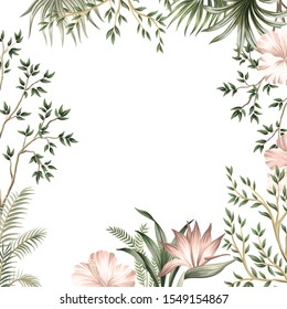 Tropical summer hibiscus, strelitzia flower, palm leaves, tree vintage floral frame. Exotic illustration .