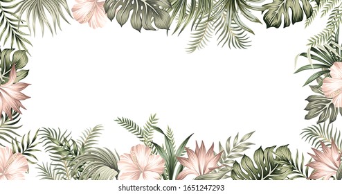 Tropical summer hibiscus, strelitzia flower, palm leaves, vintage floral frame. Exotic illustration.