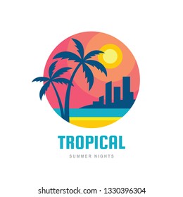 Tropical summer holiday - concept business design logo vector illustration in flat style. Paradise creative graphic badge. Palms, island, beach, sunrise, sea. Travel webbanner or poster. 