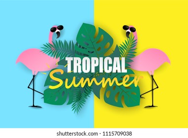 Tropical summer  holiday. Flamingo and tropical leaves on  colorful pastels paper art style.  Design for your template,banners,flyers,posters, brochure.  Vector.