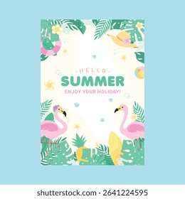 Tropical Summer Holiday Poster with Flamingos, Beach Items, and Palm Leaves in Flat Vector Style.