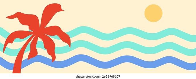 Plantillas tropicales del diseño Horizontal del verano con el espacio de la copia, palmera, onda, sol en el fondo colorido para el Anuncio, tarjeta de felicitación, cartel de la playa del verano, medios sociales, publicidad. Vector de concepto divertido