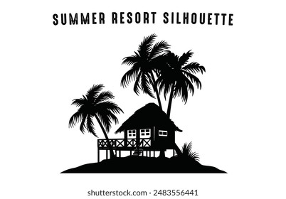 Tropical Summer hut Silhouette Vector, Seaside House black Clip art