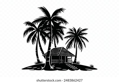 Tropical Summer hut Silhouette Vector, Seaside House black Clip art