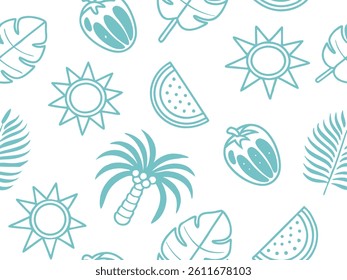 Tropical Summer Icon Pattern – Seamless Palm, Fruit, and Sun Line Art Design.
tropical, summer, palm, leaf, fruit, icon, sun, pattern, seamless, outline