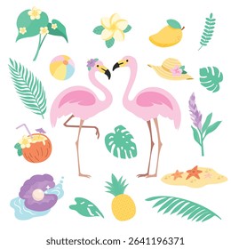 Tropical summer icon set. Hand-drawn vector illustration with flamingos, palm leaves, tropical flowers, pineapple, papaya, coconut drink, beach hat, ball, seashell, and starfish.