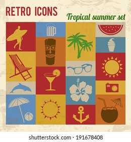 Tropical summer icons set. Retro signs with grunge effect, vector illustration 