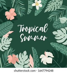 Tropical summer illustration. Greenery, palm leaves, banana leaf, hibiscus, plumeria flowers. Jungle greenery frame.