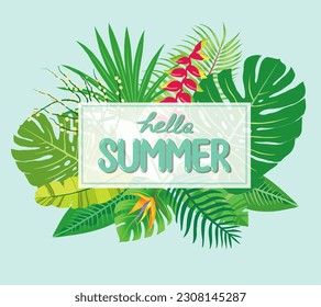 Tropical summer illustration with hello summer lettering