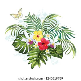 Tropical summer illustration with palm leaves and hibiscus flowers. Exotic print.