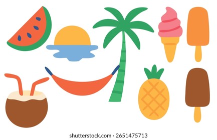 Tropical summer illustration with palm tree, watermelon, sunset, coconut, pineapple, and ice cream. Perfect for vacation, beach party, or warm weather design projects.