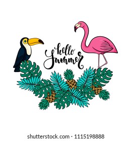 Tropical summer illustration with pink flamingo, toucan, pineapples, exotic leaves. design for holiday greeting card and invitation of seasonal summer holidays, summer beach parties, tourism, travel.