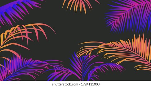 Paisaje tropical de verano con cocoteros o helechos. Ambiente lounge en vacaciones. Ilustración de estilo vaporwave y retrowave para impresión o cubierta.