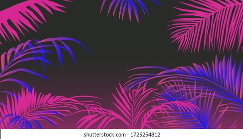 Tropical summer landscape with coconut palm trees or ferns. Lounge atmosphere on vacations. Vaporwave and retrowave style frame with copy space for text.