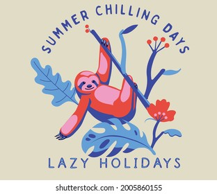 tropical summer lazy sloth holidays retro vector