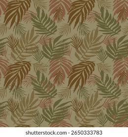 Tropical verão folha camuflagem padrão sem costura. Folhagem exótica repetindo textura em verdes terrosos, castanhos, cáqui para militar, caça e design ao ar livre.