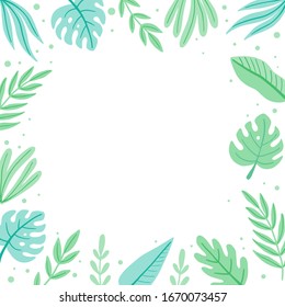 Tropical summer leaf frame for text border, greeting card, poster design. Exotic floral decoration of hawaii style. Vector illuatration of trendy style.