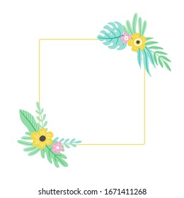 Tropical summer leaf frame for text border, greeting card, poster design. Exotic floral decoration of hawaii style. Vector illuatration of trendy style.