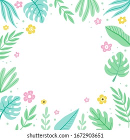 Marco tropical de hoja de verano para borde de texto, tarjeta de saludo, diseño de afiches. Exótica decoración floral de estilo hawaii. Iluminación vectorial de estilo moderno.