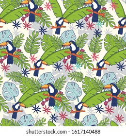 Tropical summer leaf with toucan bird seamless pattern