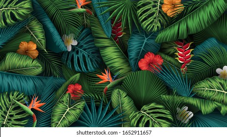 Tropical summer leaves background with jungle plants