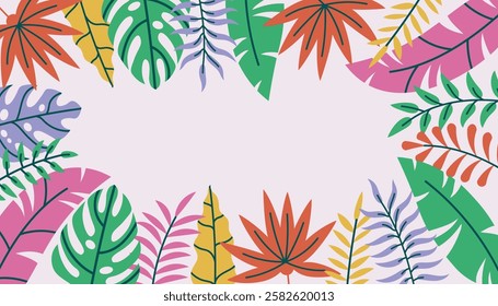 Tropical summer leaves and branches frame in flat style. Palm and Monstera leaf greeting card. Floral background.