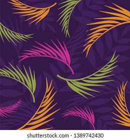 Tropical summer leaves, colorful background with copy space. Floral seamless pattern. Tropical illustration. Summer beach design. Paradise nature.