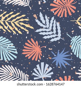 tropical summer leaves with terrazzo textures seamless pattern background vector illustration