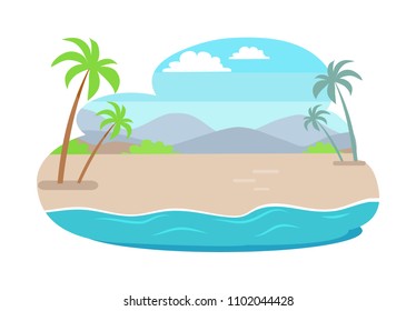 Tropical summer with mountains, blue sky over palm trees. Best place for freelancer work, seascape composed of ocean and sand vector illustration.