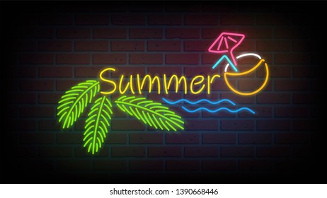 Tropical summer neon sign "Summer" on break wall. Palm leaves, sea, coconut